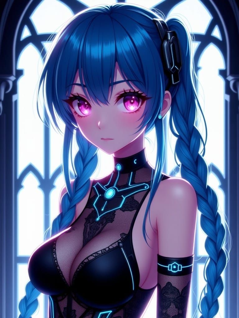 Anime Woman with Blue Braids and Pink Eyes