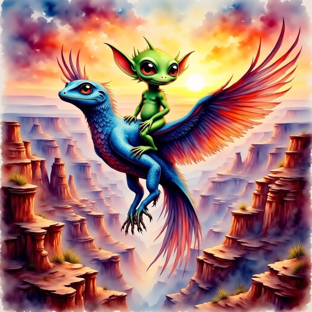 Alien Rides Gecko-Eagle in Grand Canyon Watercolor