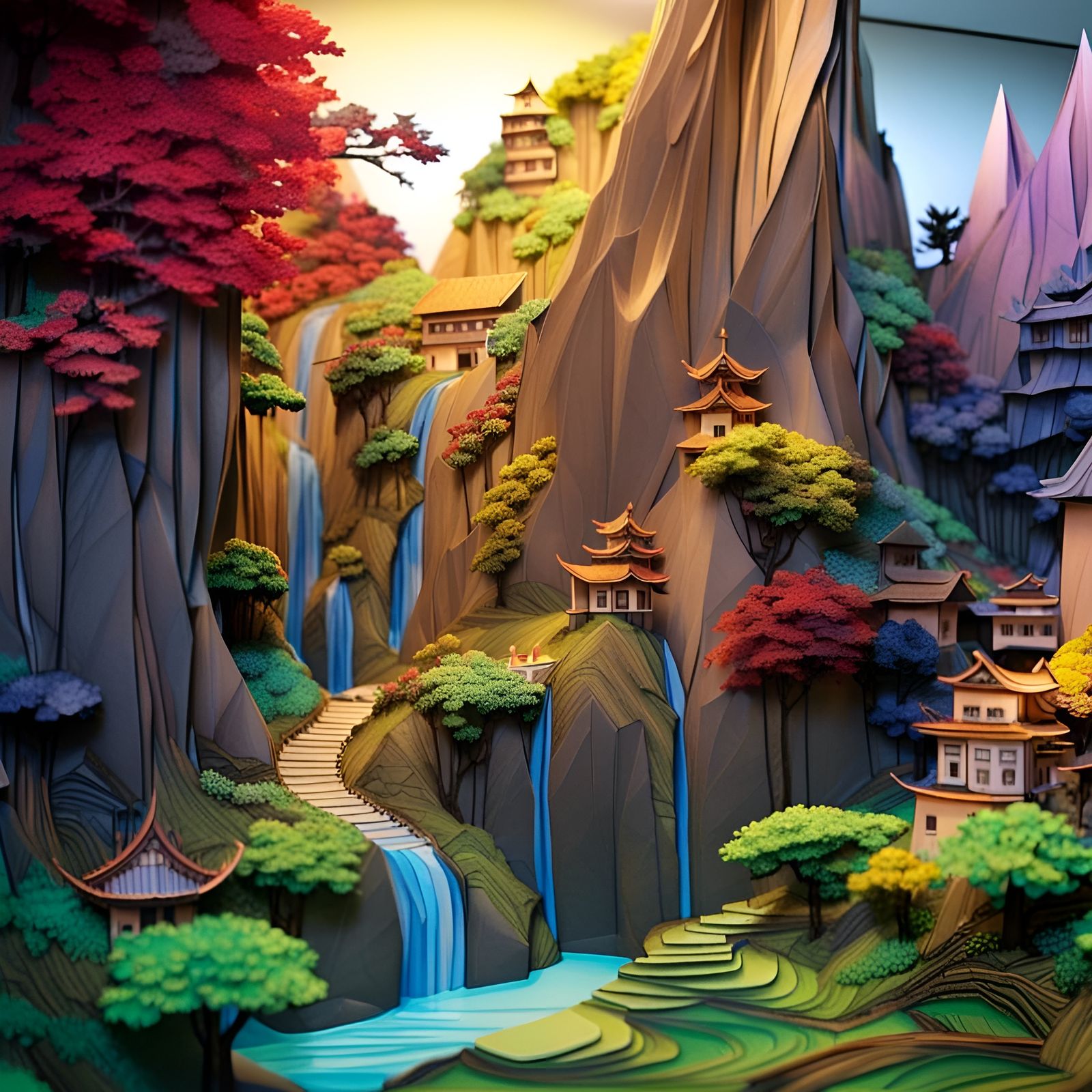 Colorful Origami Landscape With Waterfall