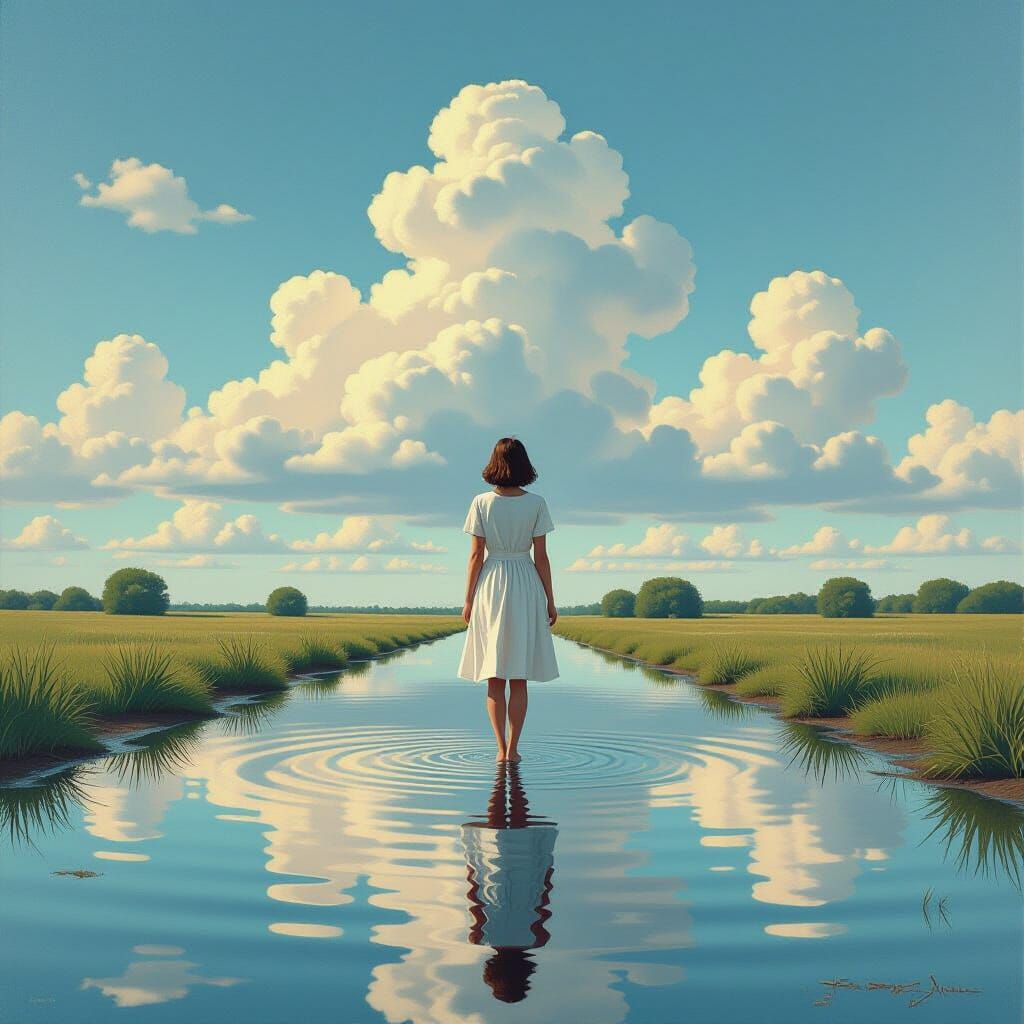 Surreal Reflection: Woman, Clouds, and Ukiyo-e Dreamscape