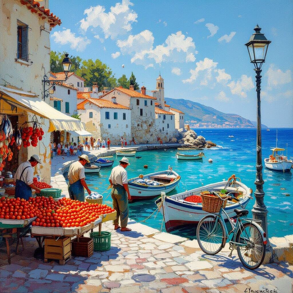 Picturesque Mediterranean Village in Impressionist Style