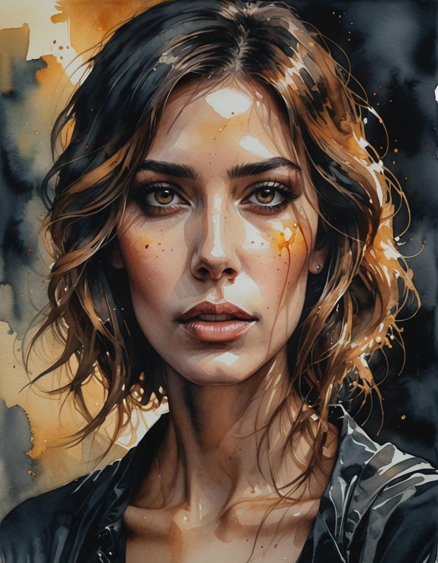 Dystopian Watercolor Portrait of a Beautiful Woman