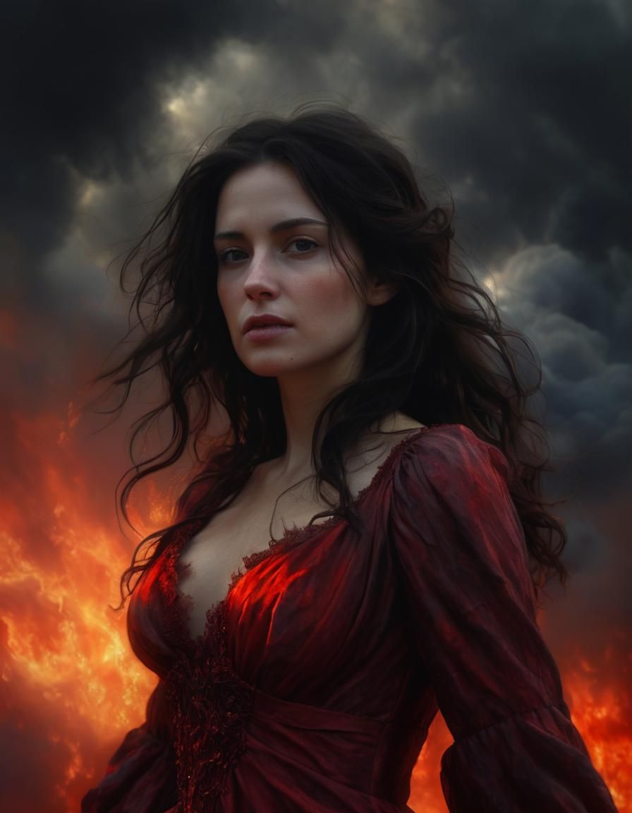 Woman in Red Gown Amidst Heaven and Hell