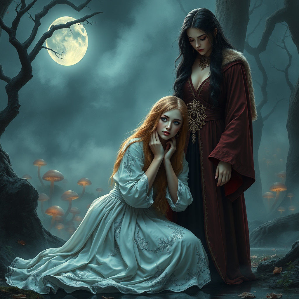 Pleading Lover in Moonlit Fantasy Forest