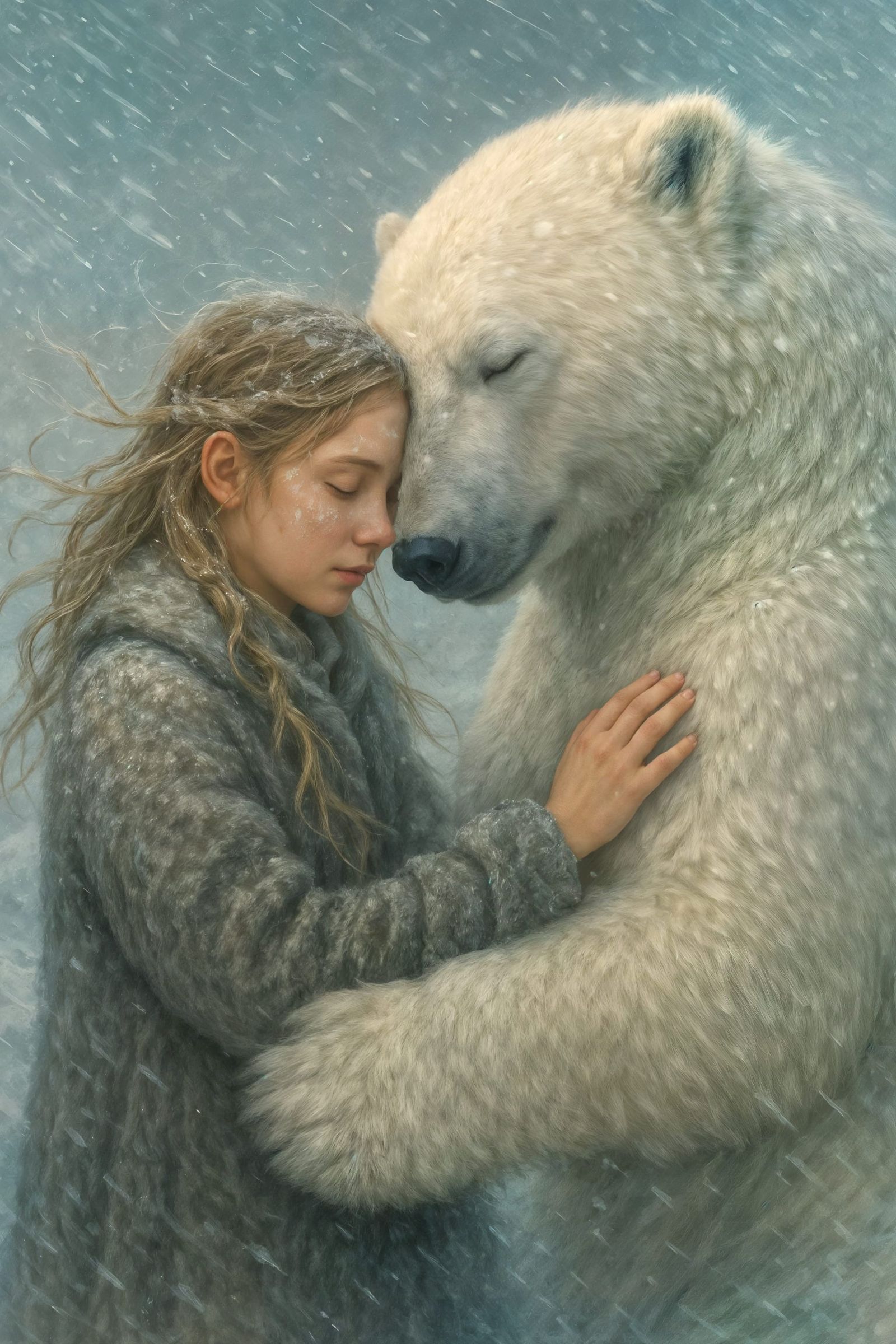 Girl and Polar Bear in Frosty Arctic Wilderness
