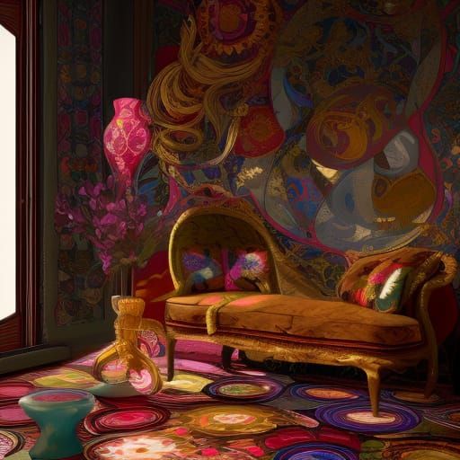 Different styles of patterns on all surfaces and furniture in a house.