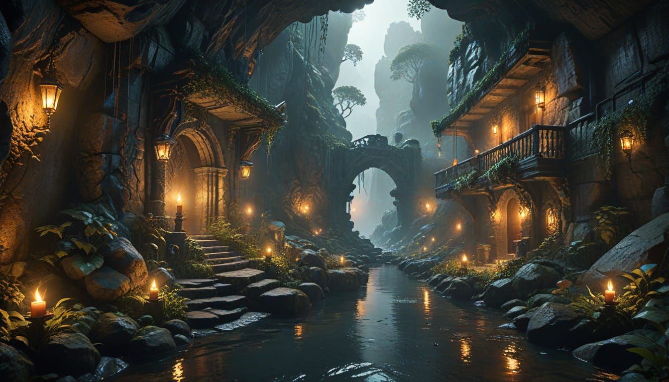 Ethereal Elves' Village in a Misty Cave