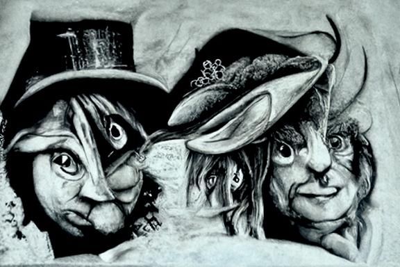 Mad Hatter and March Hare: Hyperdetailed Charcoal Drawing
