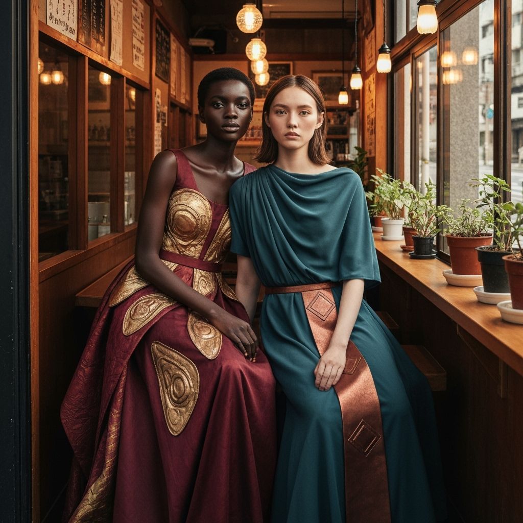 Enigmatic Cafe Scene: Two Women in Avant-Garde Fashion