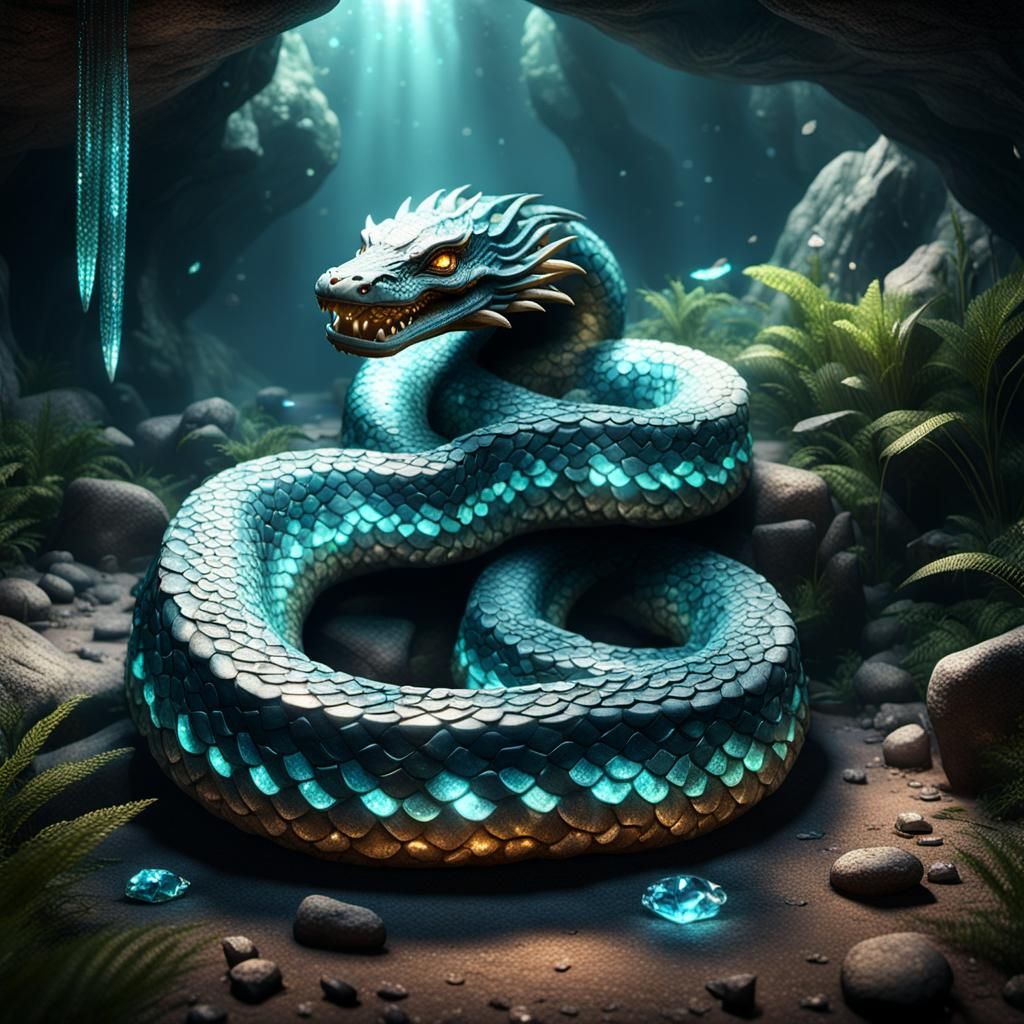 Gemscale Serpent in Crystalline Cave, 3D Render