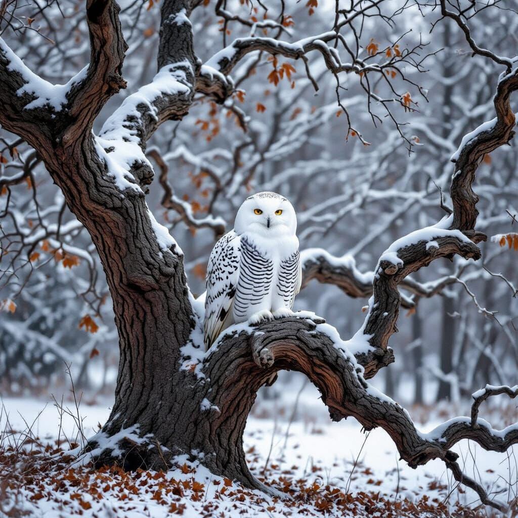 Snowy Owl Perched on Ancient Oak in Winter Forest