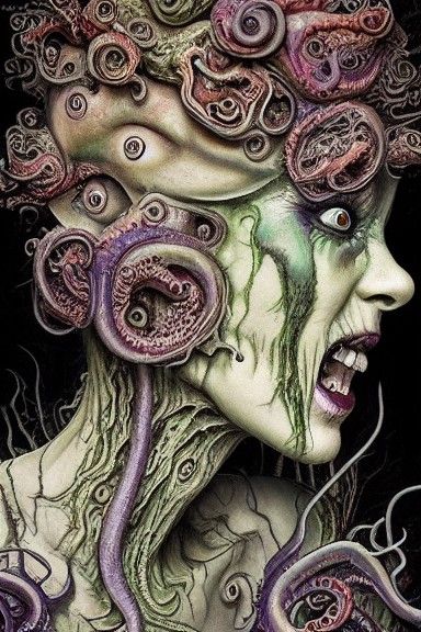Grotesque Zombie Woman with Tentacles Illustration