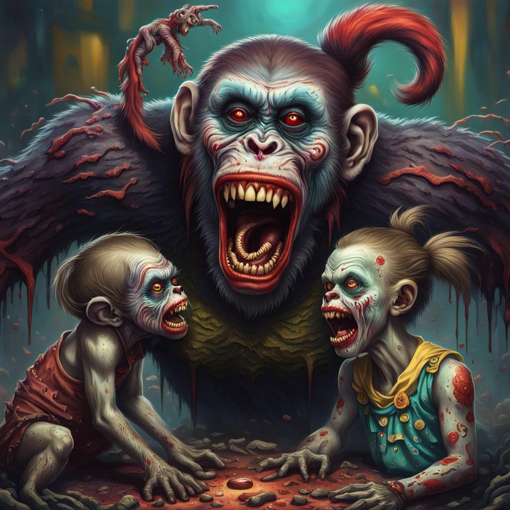 Hyperrealistic Zombie Monkey Monster Clowns with Baby