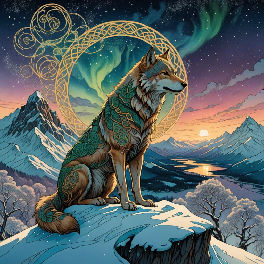 Celtic Wolf on Snow Mountain Under Aurora