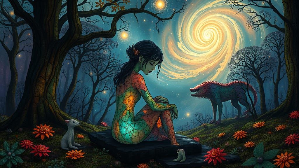 Dreamlike Figure in Surreal Cosmic Landscape