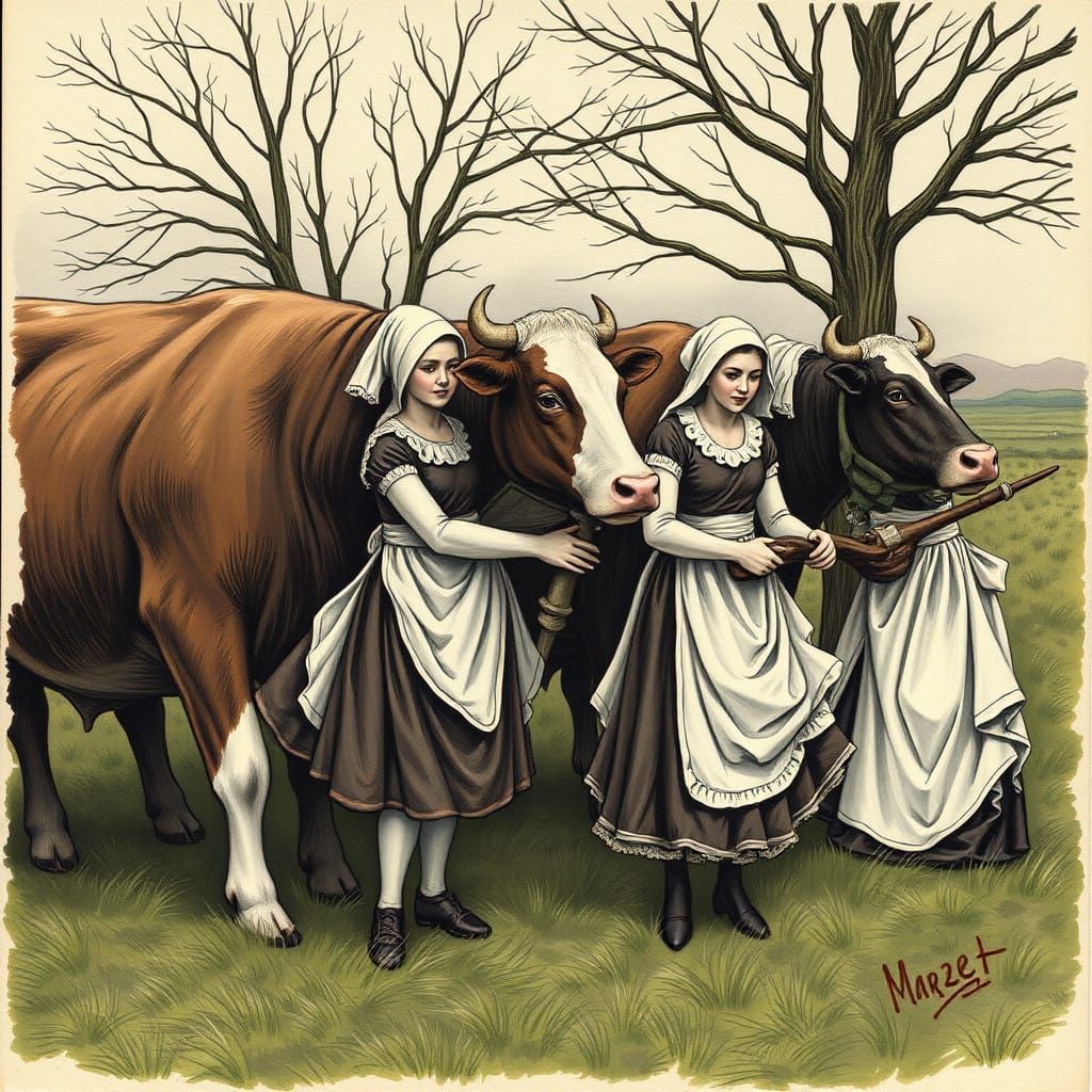 Eight Iron Maidens Milking Giant Cows in a Winter Wonderland...