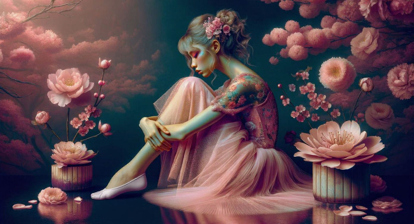 Melancholic Ballerina in Pink Tutu with Cherry Blossoms