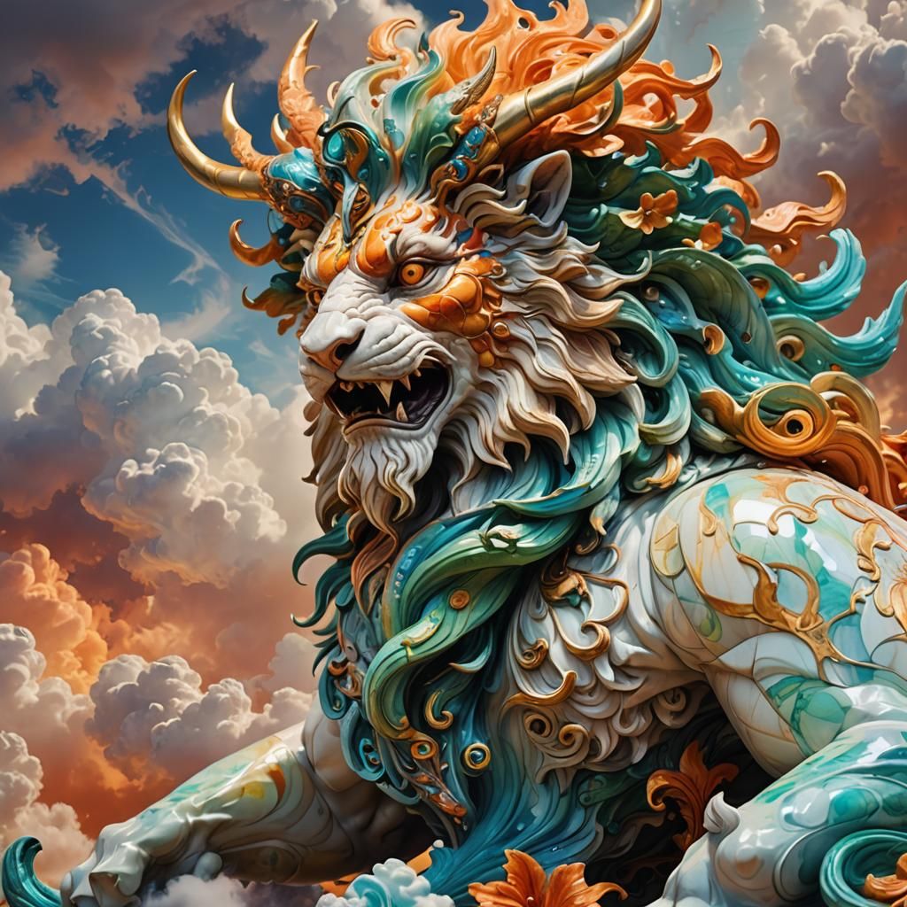 Marble Mythical Creature Sculpture in Swirling Clouds