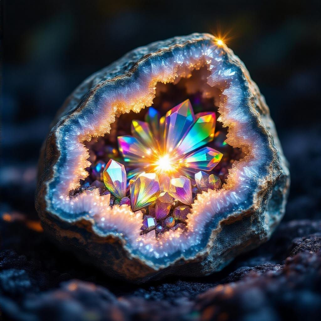 Geode Filled with Shimmering Crystals: Macro Photography