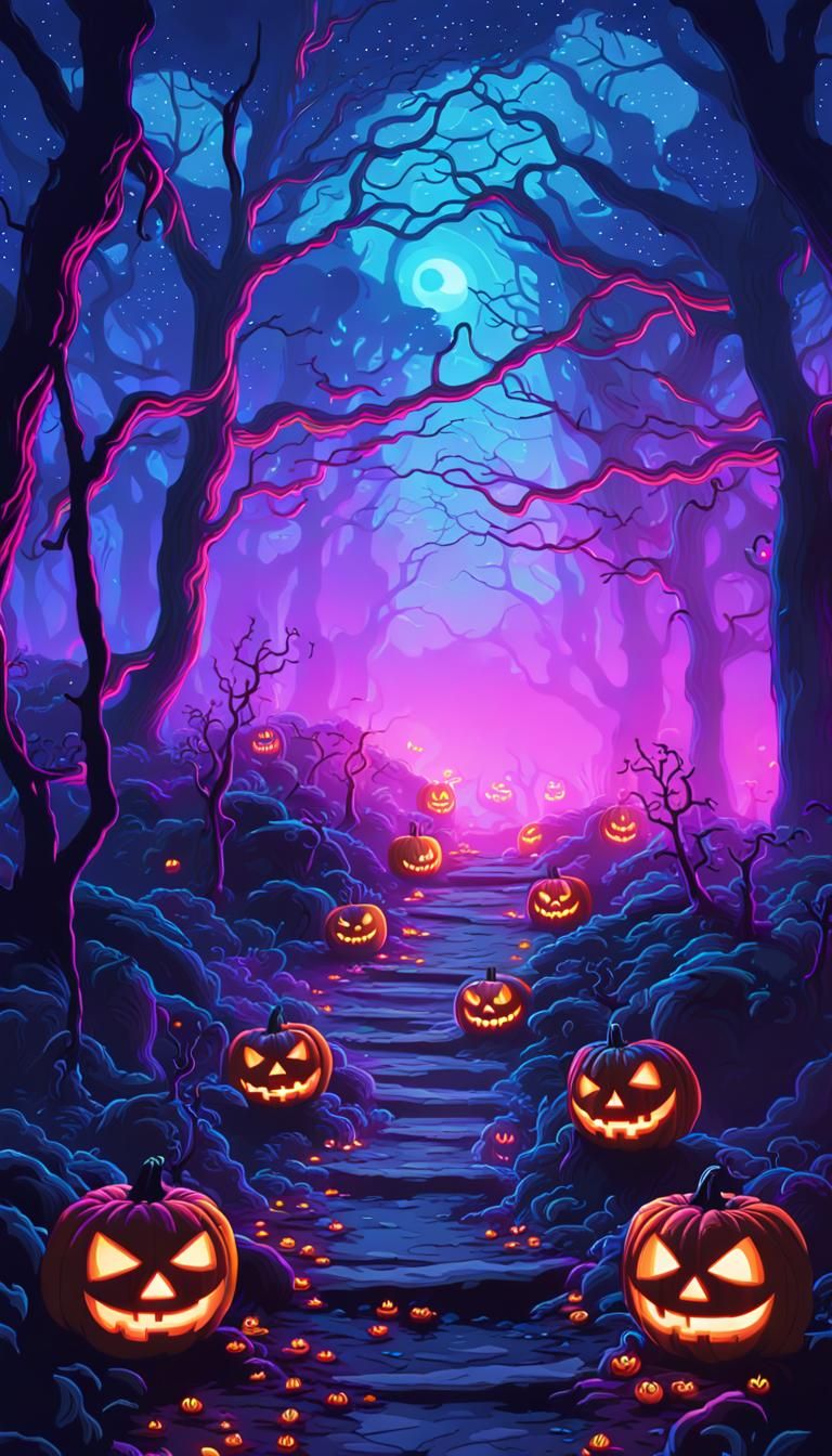 Neon Jack-o-Lanterns Light a Synthwave Forest Path