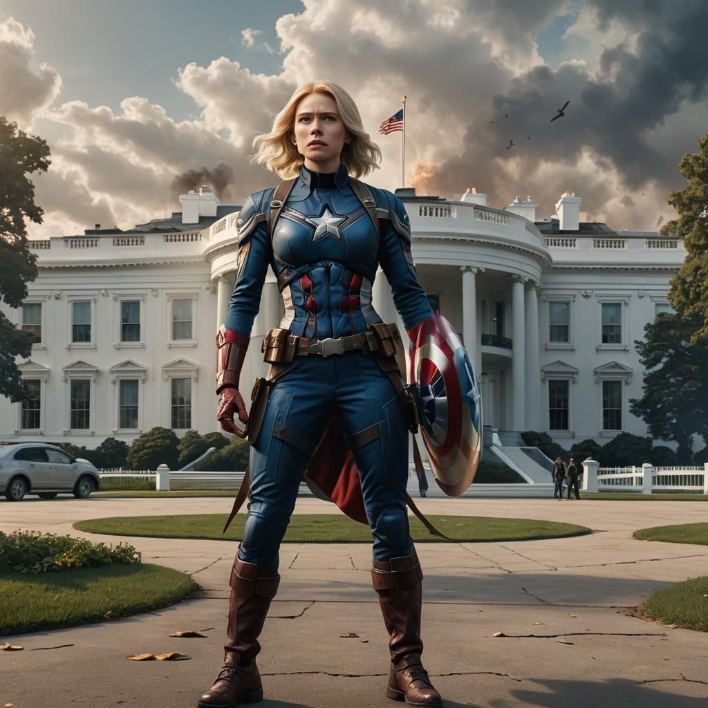 Female blond captain America standing in front of the white ...