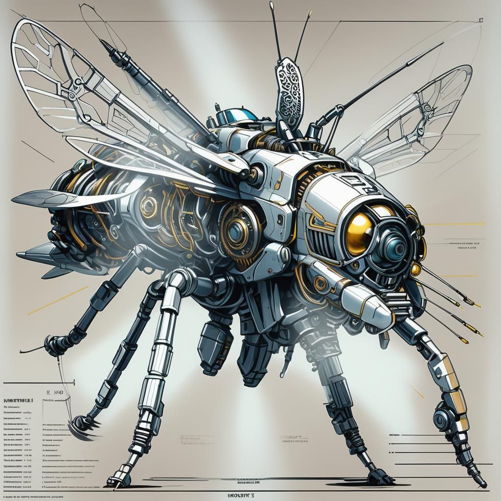 Detailed Line Drawing of a Mechanized Hornet