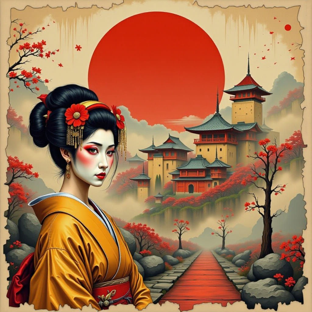 Geisha at Temple with Red Sun