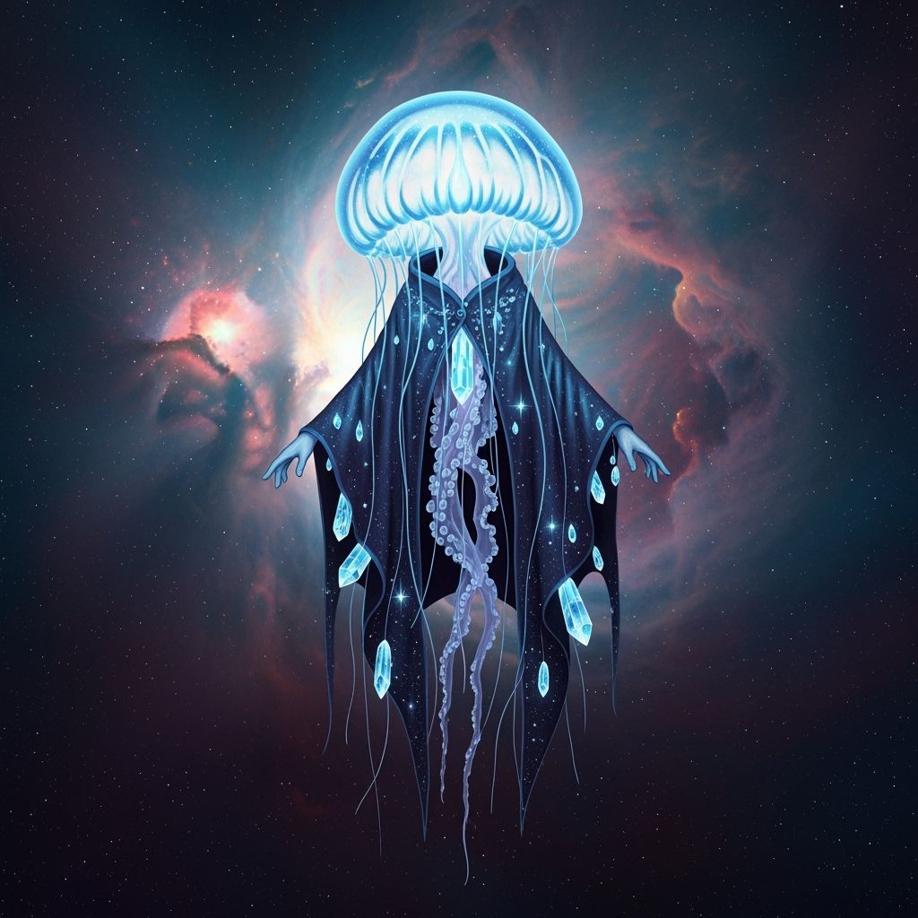 Bioluminescent Jellyfish Adorned with Crystals in Nebula