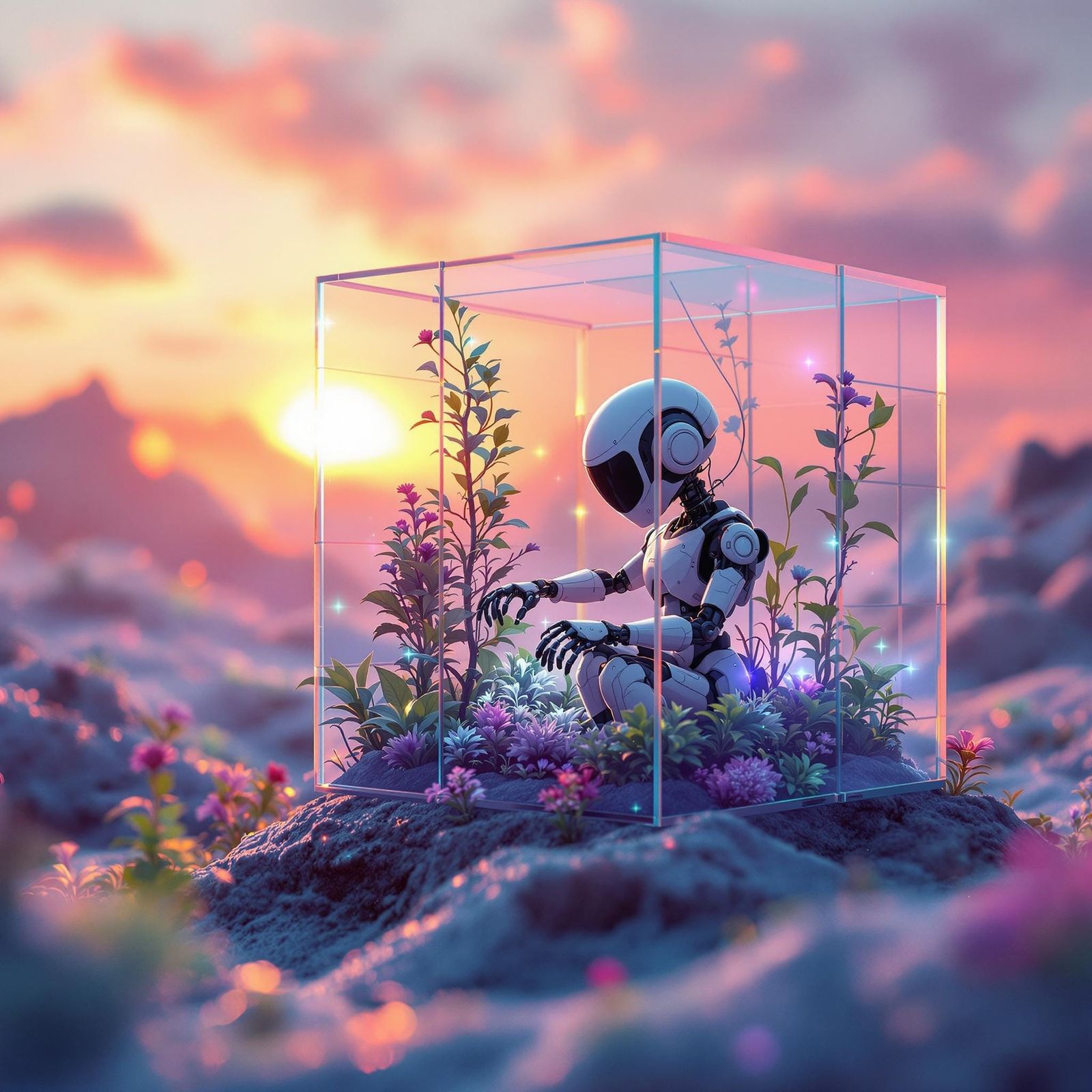 Robot Gardener in Bioluminescent Cube: Sci-Fi Digital Art
