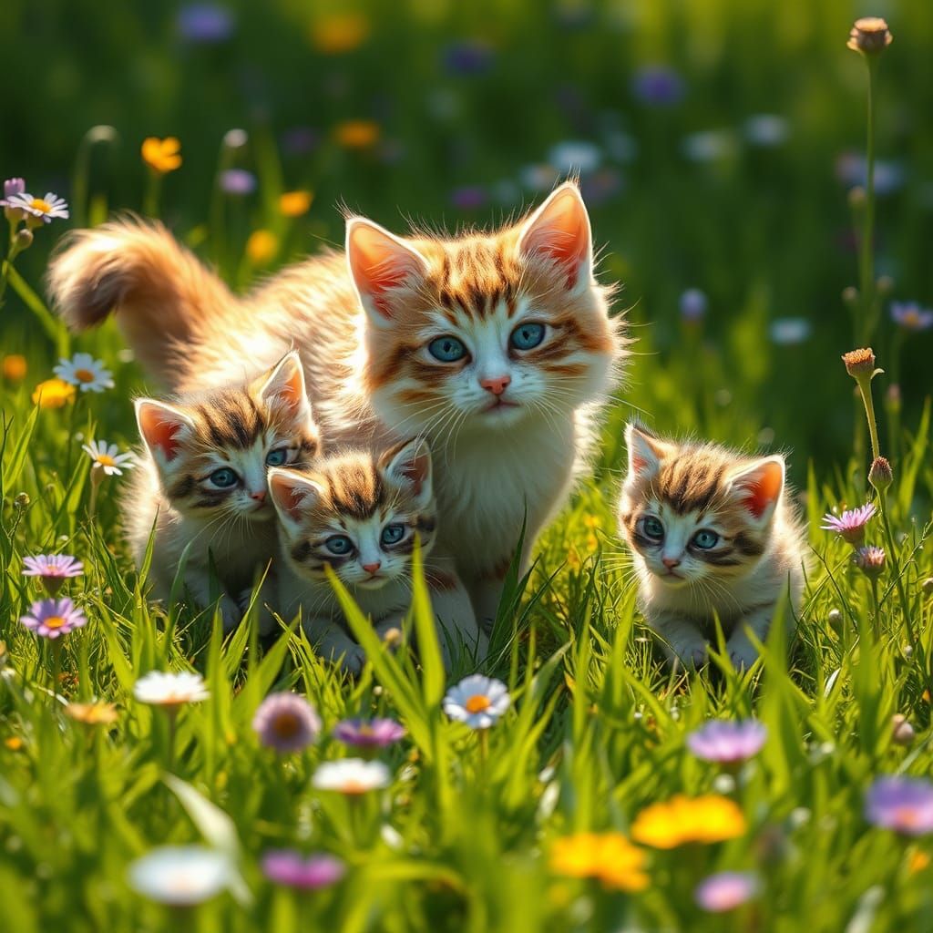 Mother Cat and Kittens in Whimsical Meadow