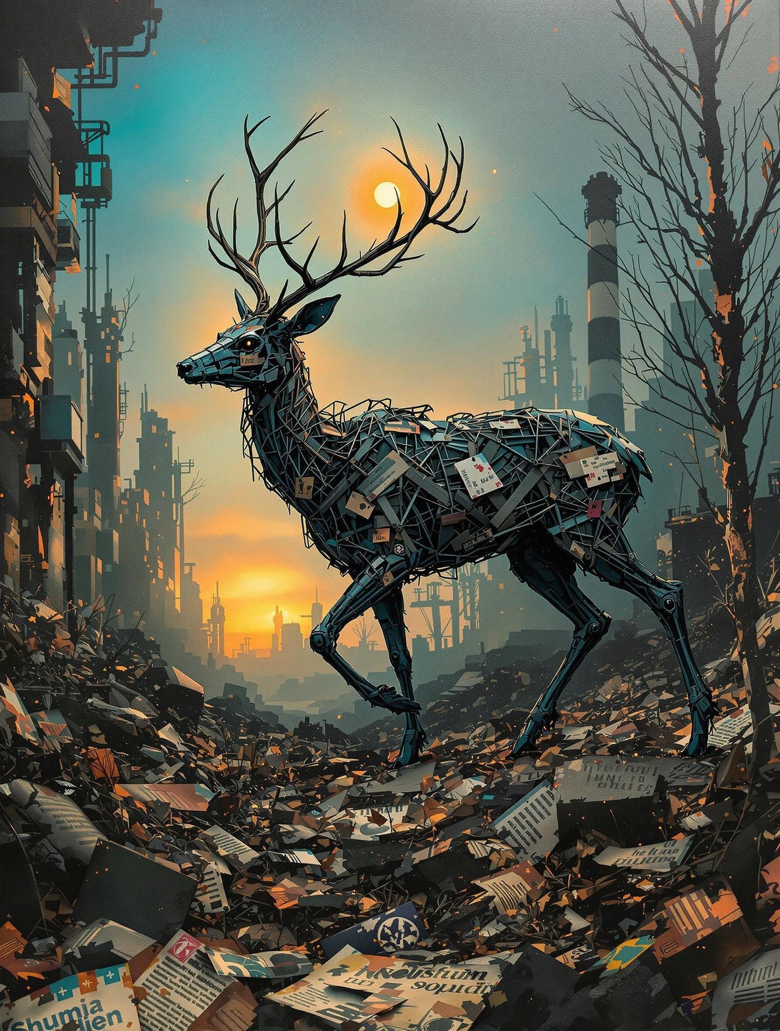 Cyberpunk Deer Emerges from Industrial Ruin