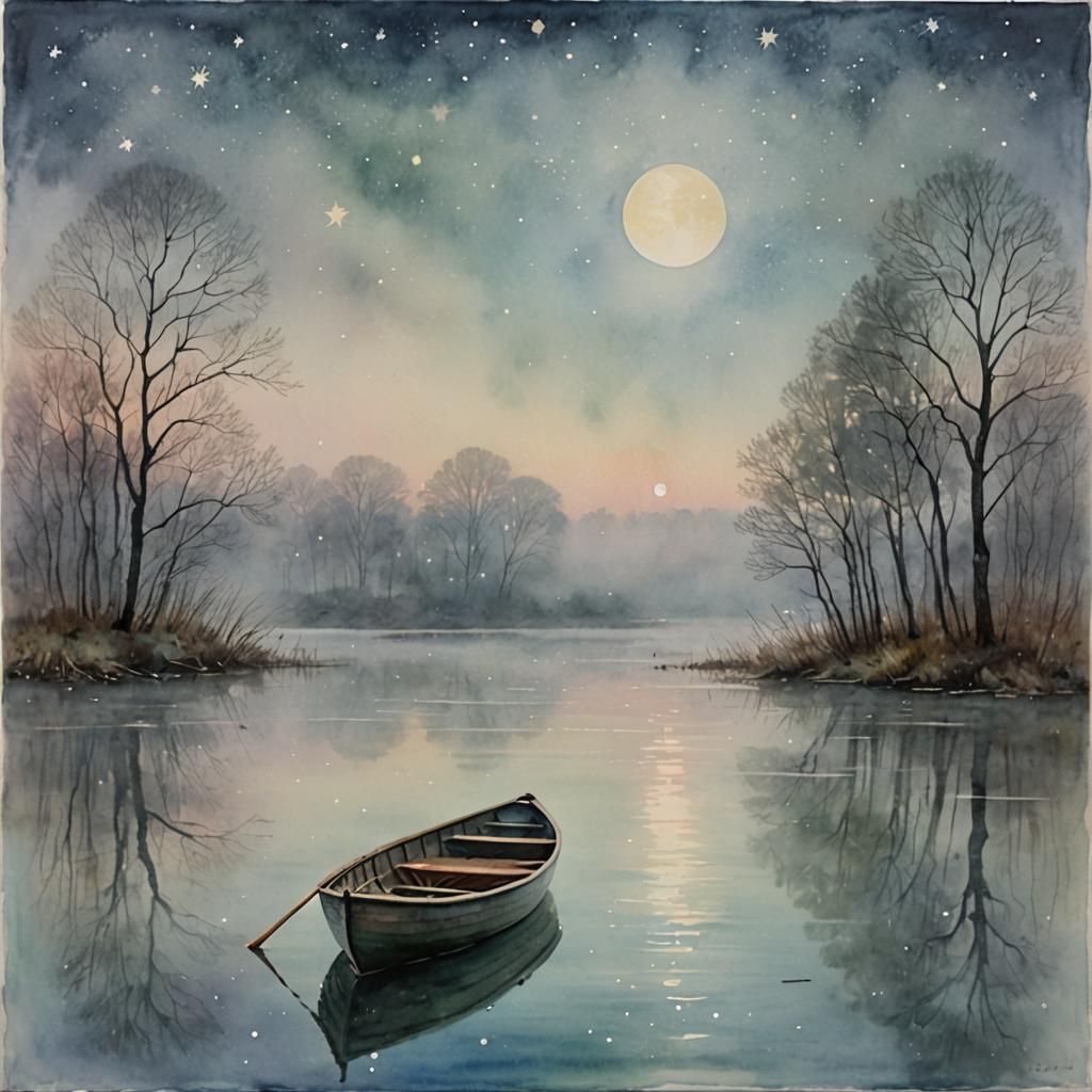 Rowboat on Misty Pond in Watercolor Style