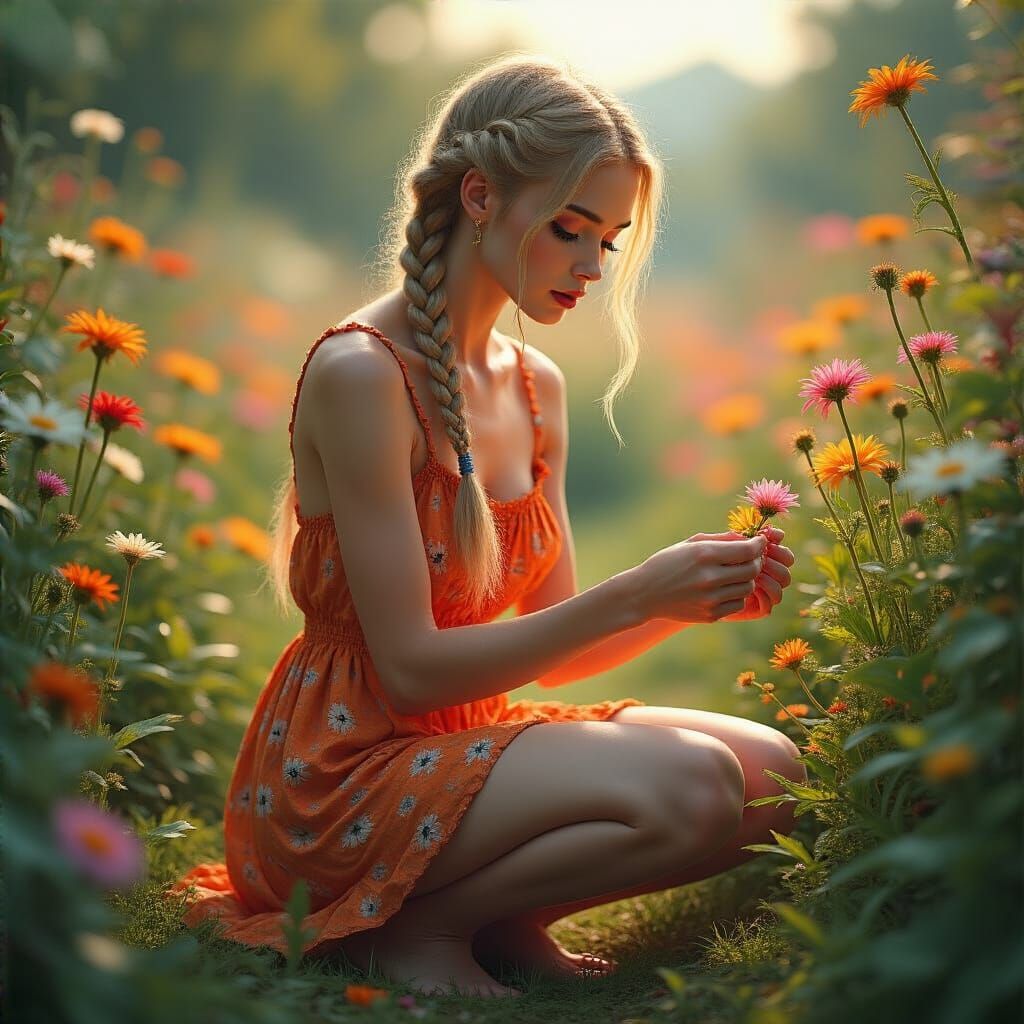 Woman Picking Flowers in Hyperrealistic Style