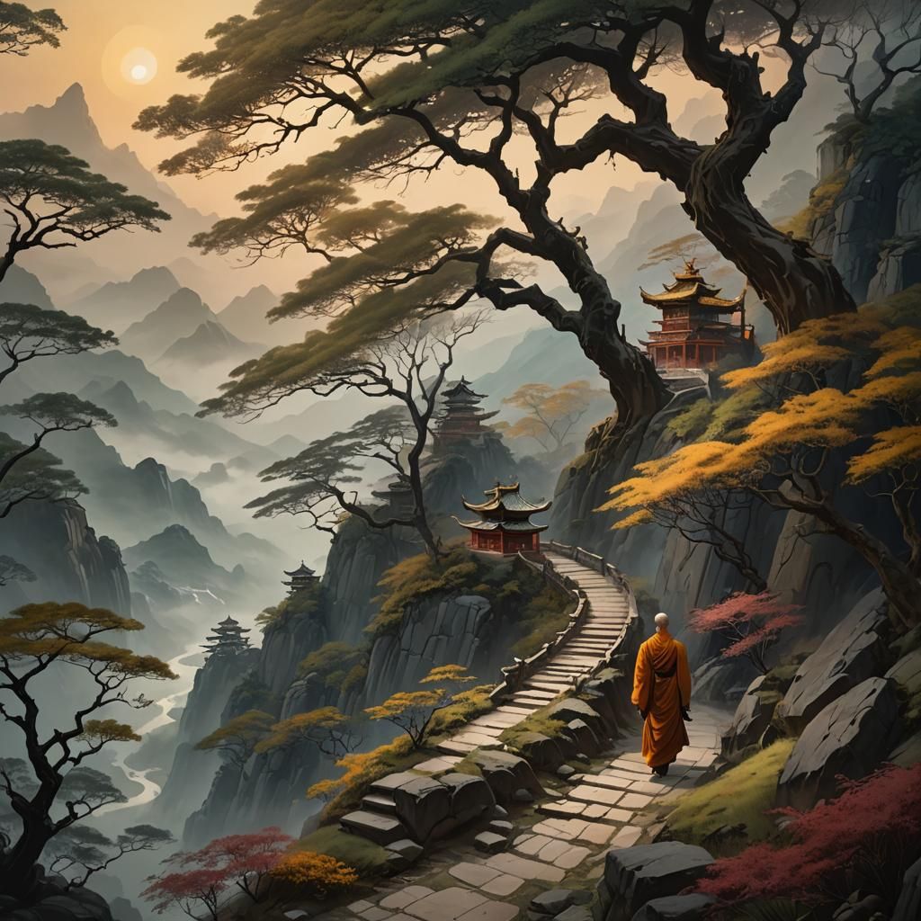 Monk Ascends Mountain Path: Fantasy Concept Art