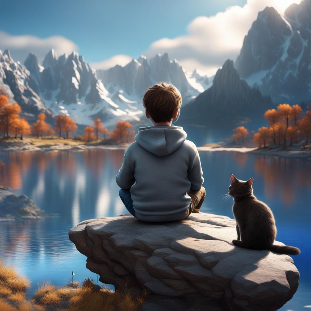 Boy and Cat by Lake: Detailed Matte Painting