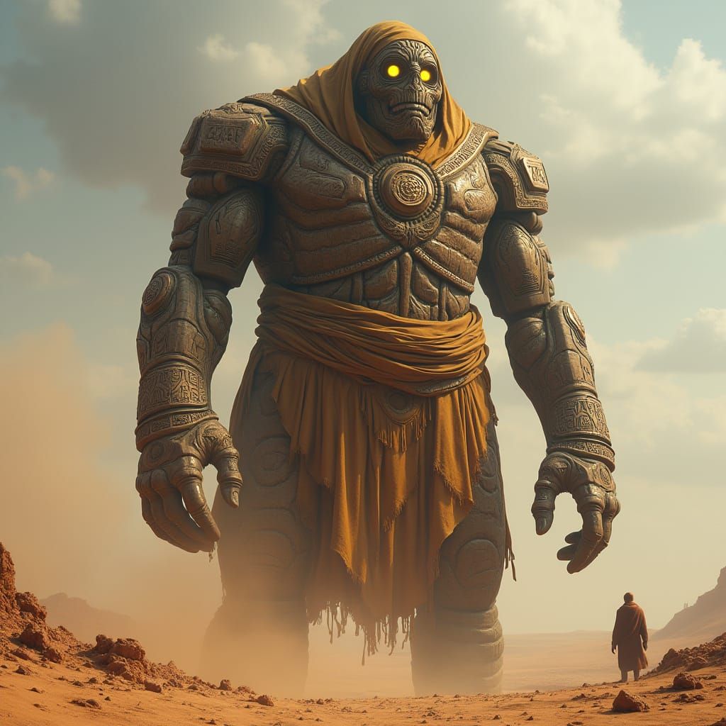 Colossal Wooden Golem in Windswept Desert