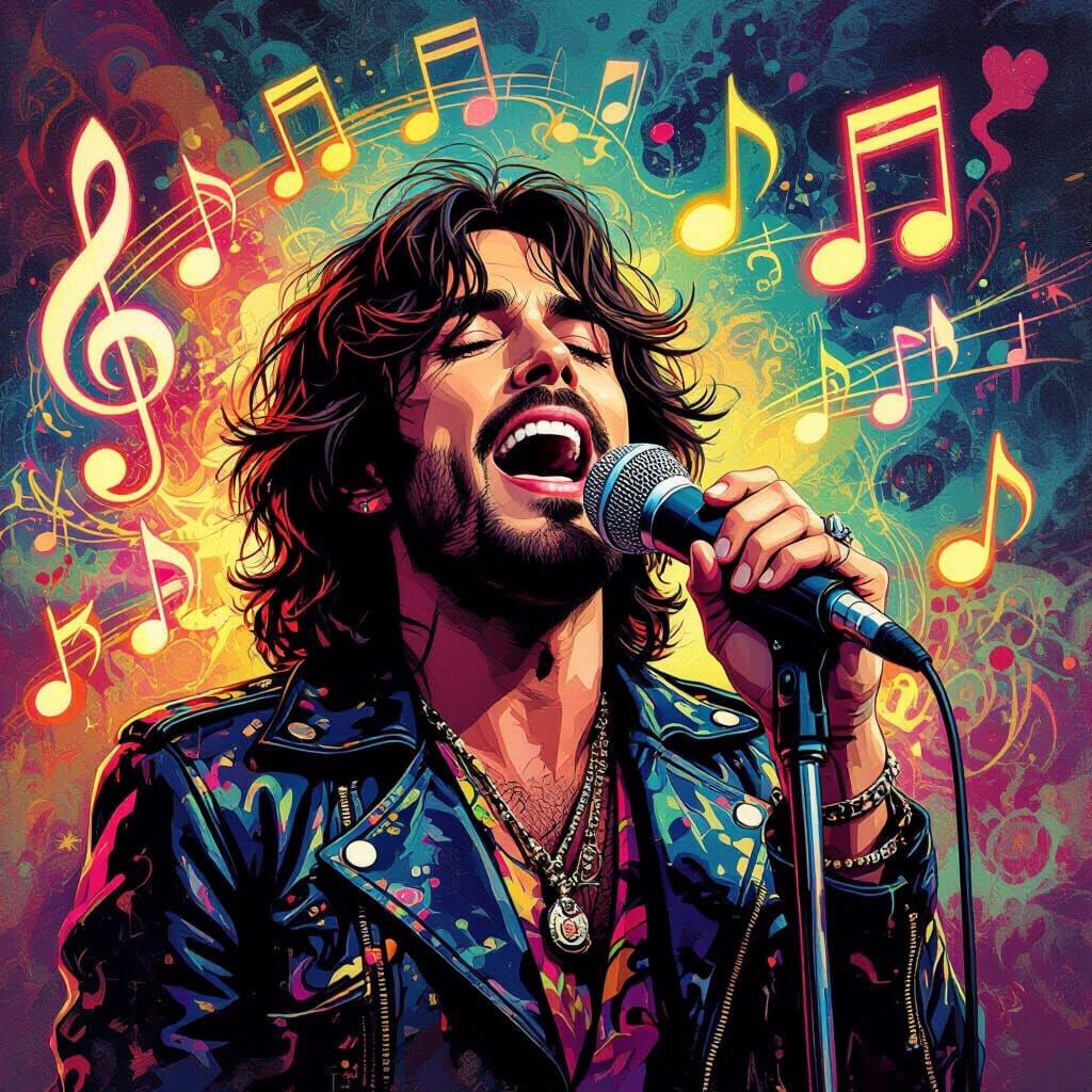 Psychedelic Rock Star Portrait with Glowing Notes