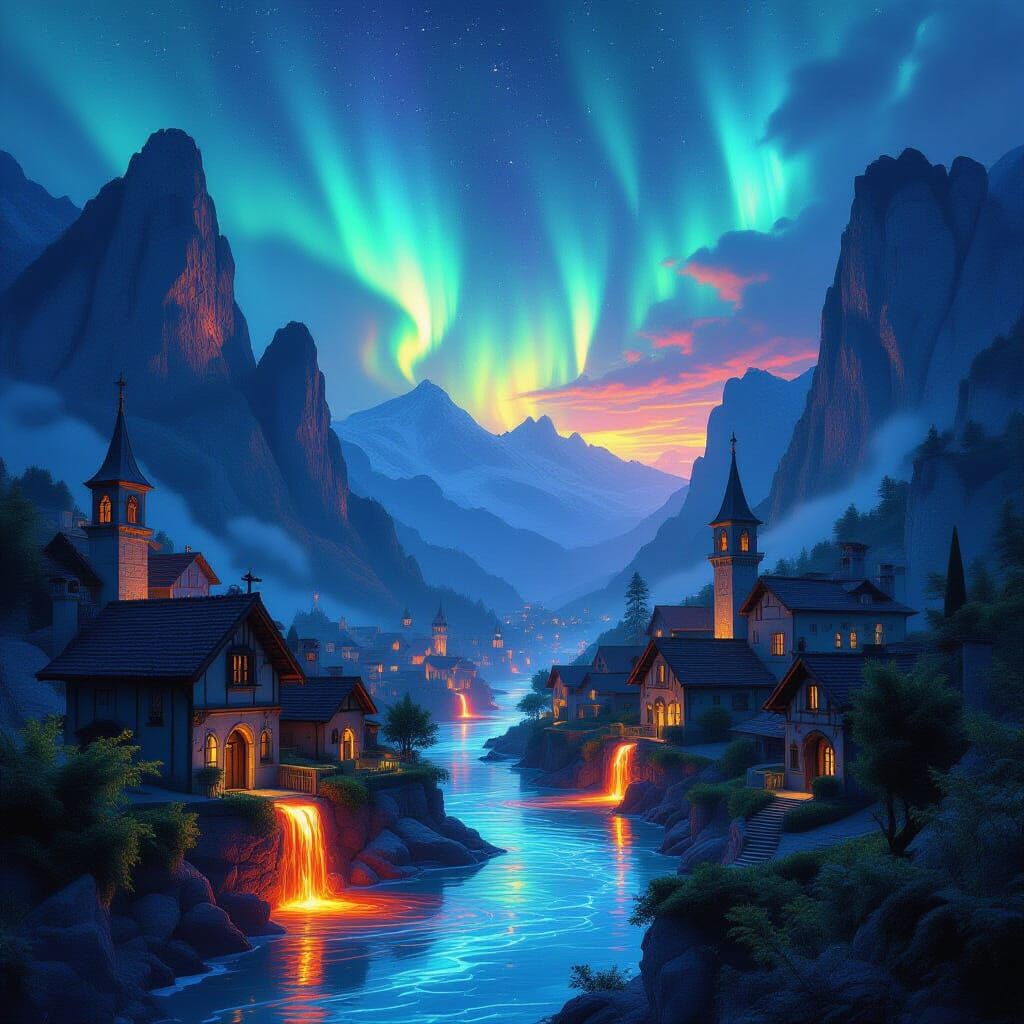 Iridescent Alpine Village with Molten Rivers & Aurora Skies