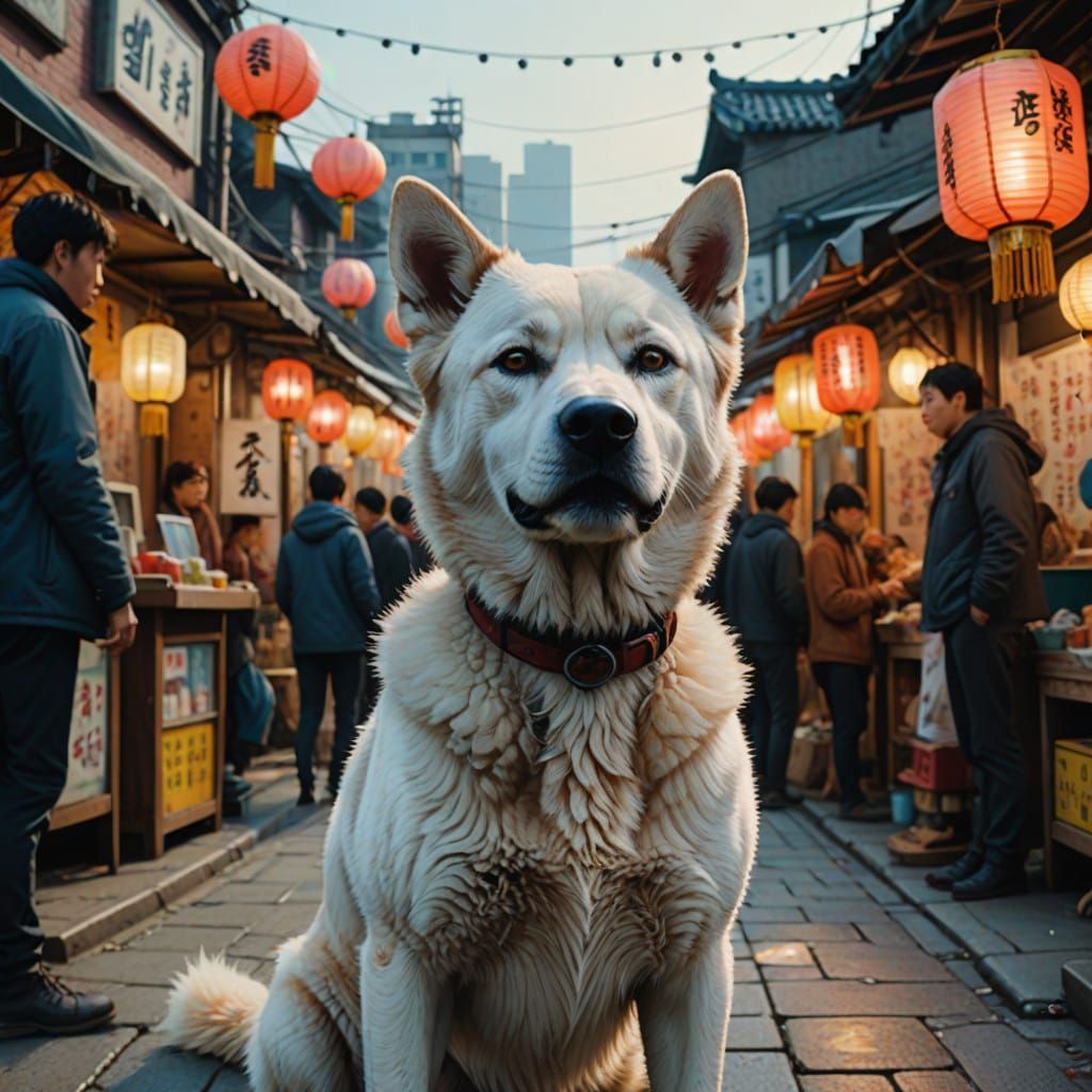 Korean Jindo Dog in Vibrant Seoul Street Market at Sunset