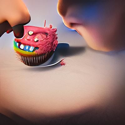child eating a sentient cupcake