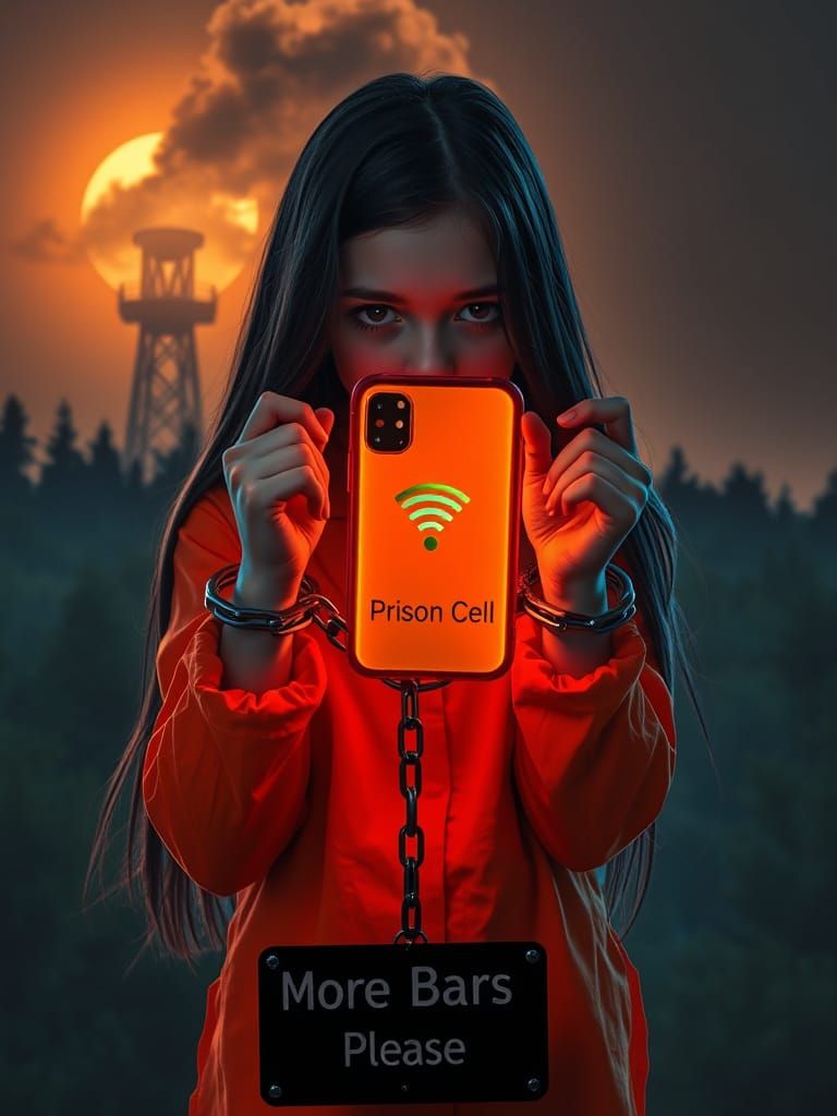 Teenage Girl in Neon-Lit Prison Cell, Haunted by Wi-Fi Bars