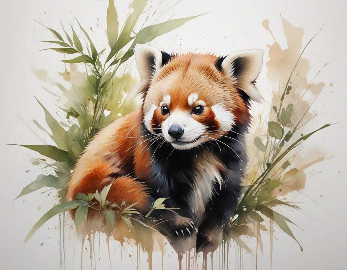 Red Panda Draped on Branch in Bamboo Grove