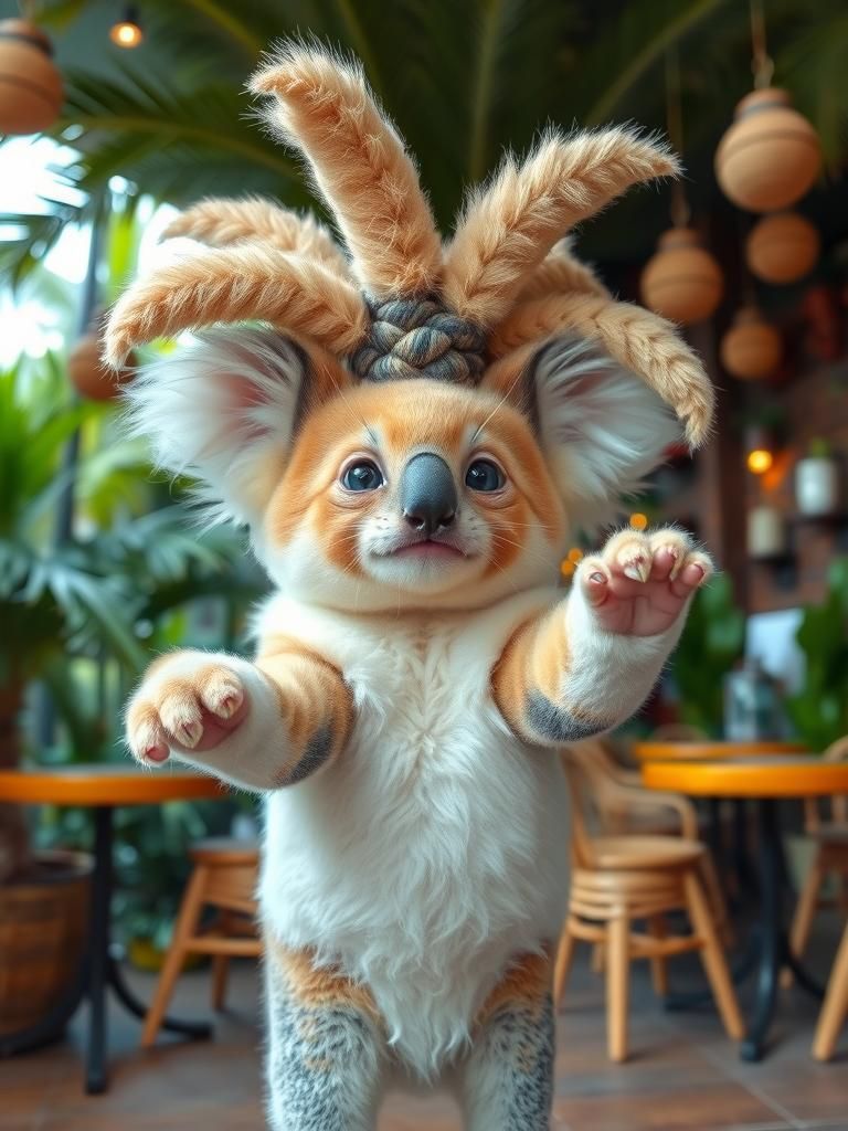 Dancing Cat-Koala Hybrid with Palm Tree Braid