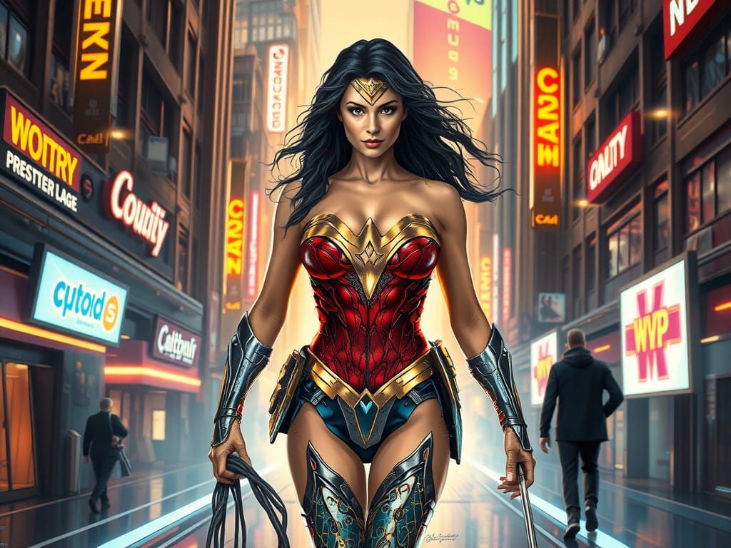 Bio-Punk Wonder Woman in Futuristic Metropolis