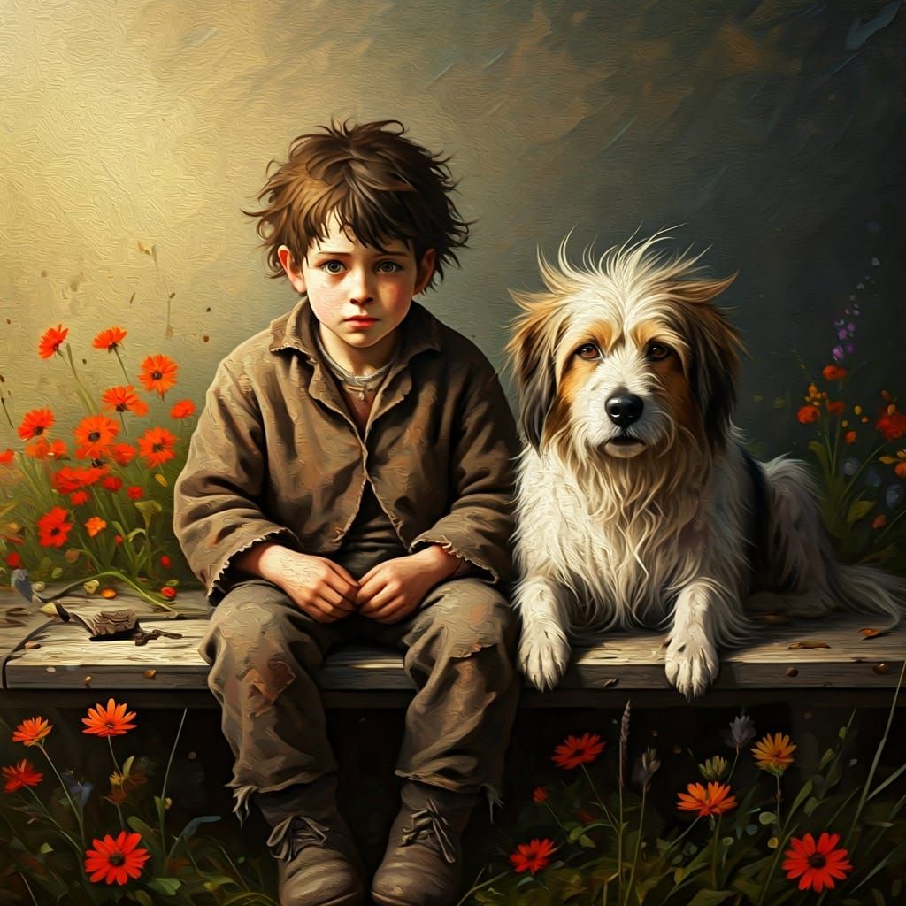 Melancholic Boy and Dog in Earthy Oil Painting