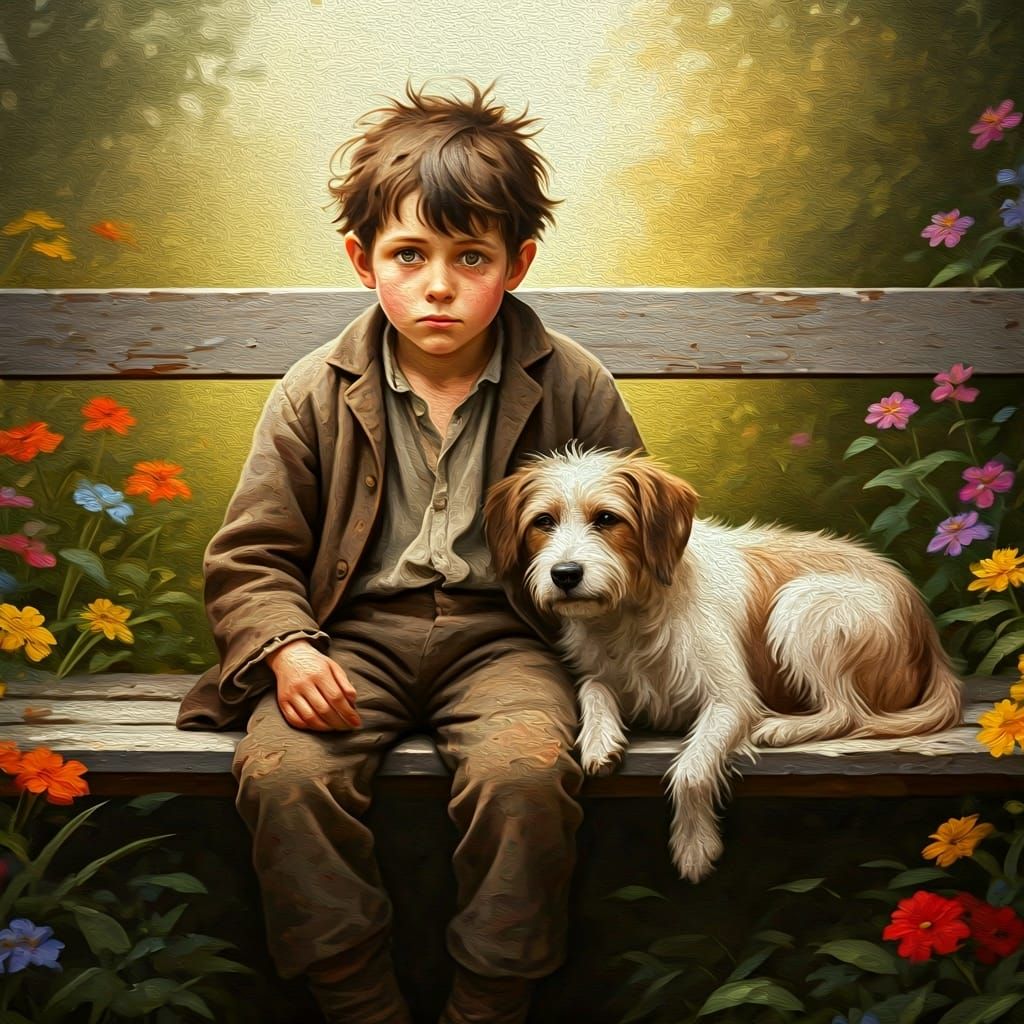 Boy and Dog on Bench in Old Master Style