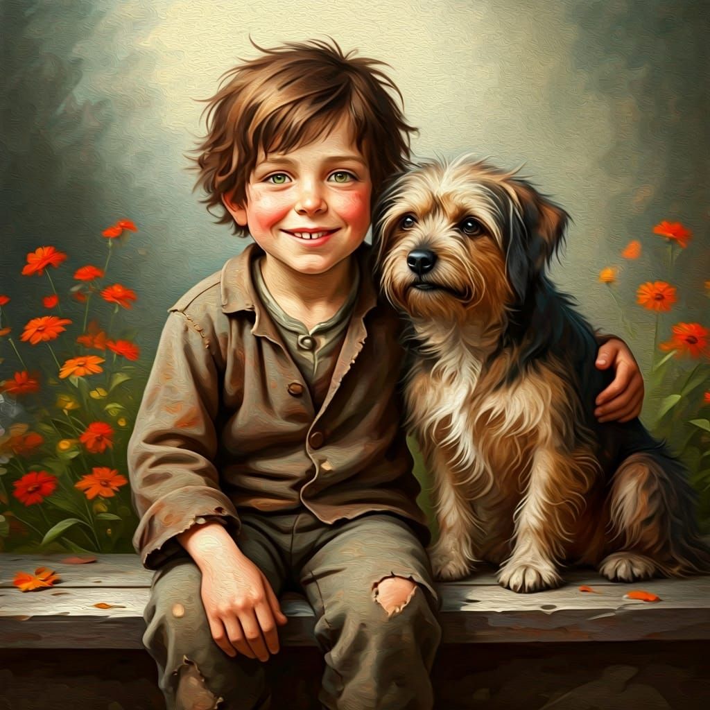 Boy and Dog on Bench as Oil Painting