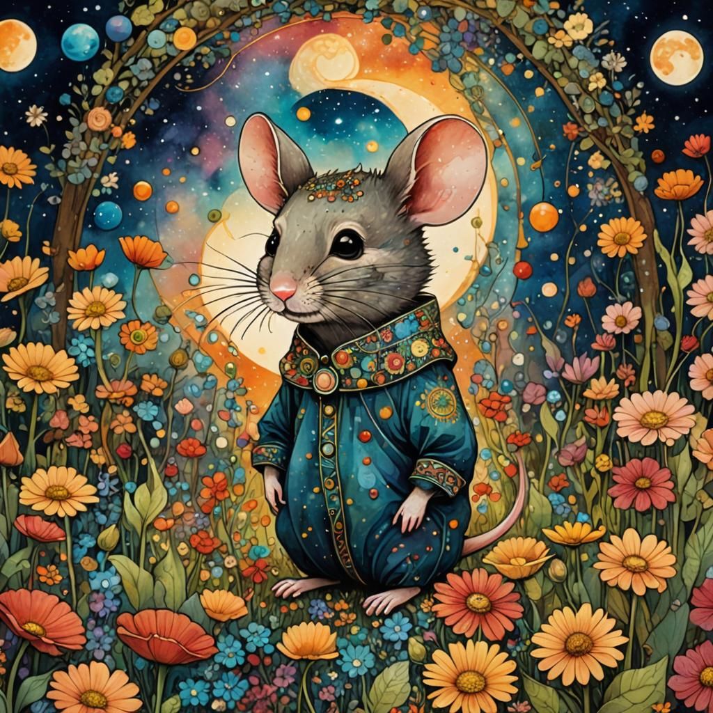 Mouse Fairy in Flower Garden: Whimsical Folk Art