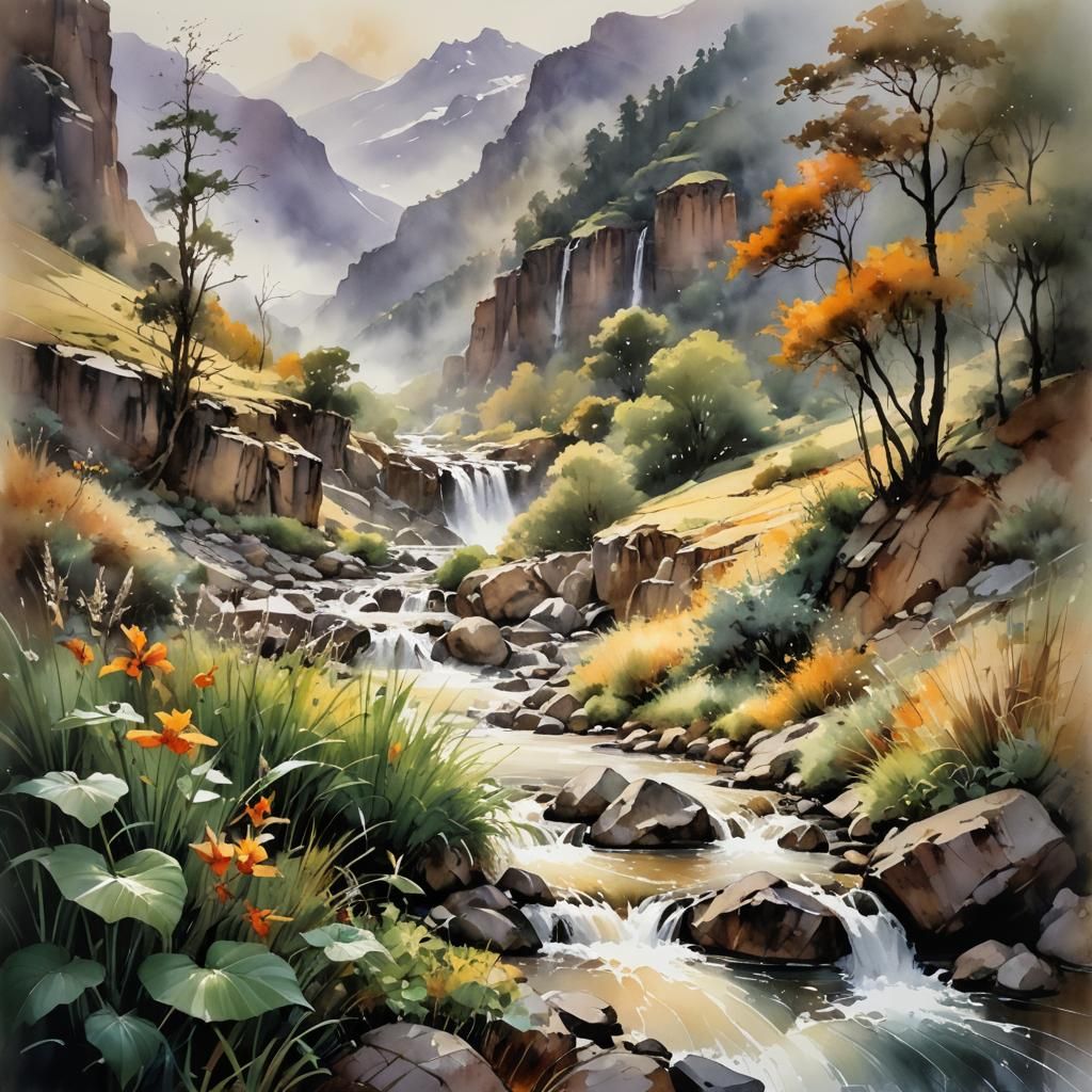 Watercolor Serene Mountain Landscape in Gentle Rain