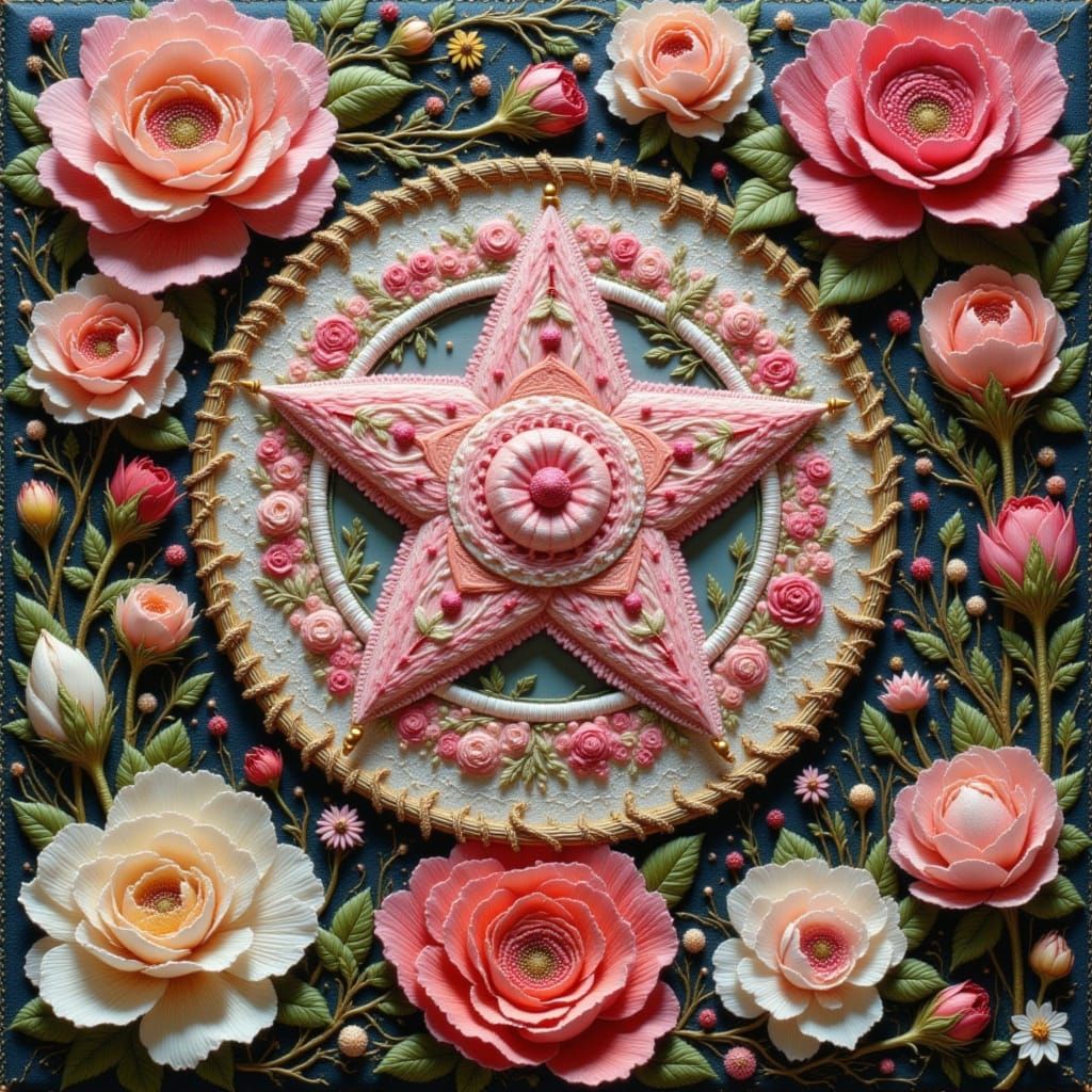 Enchanted Garden with Embroidered Pentagram in Pastel Palett...